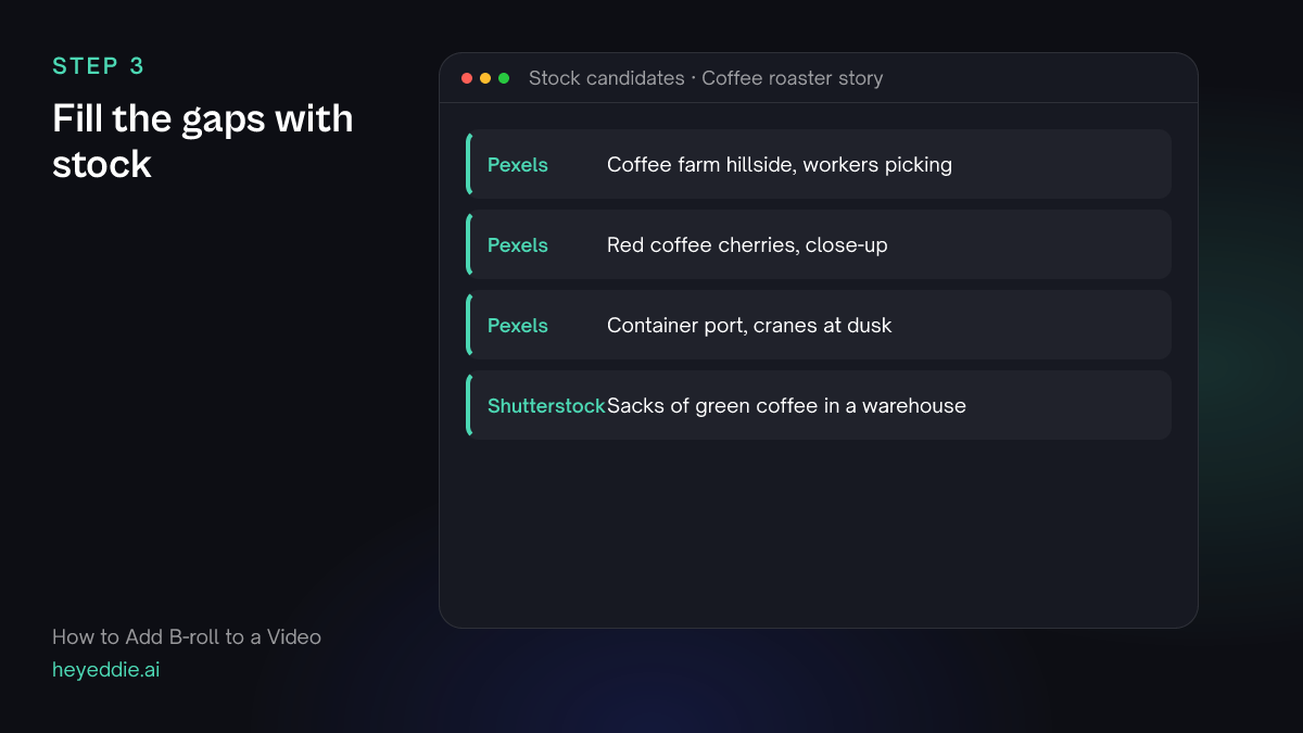 List of stock footage candidates found from the transcript, such as a coffee farm hillside and a container port at dusk.