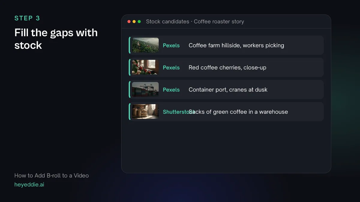List of stock footage candidates found from the transcript, such as a coffee farm hillside and a container port at dusk.