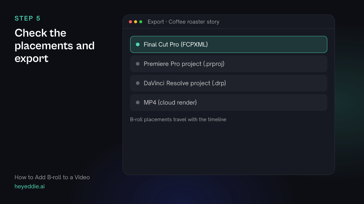 Eddie export menu with Final Cut Pro selected, plus Premiere Pro, DaVinci Resolve and MP4.