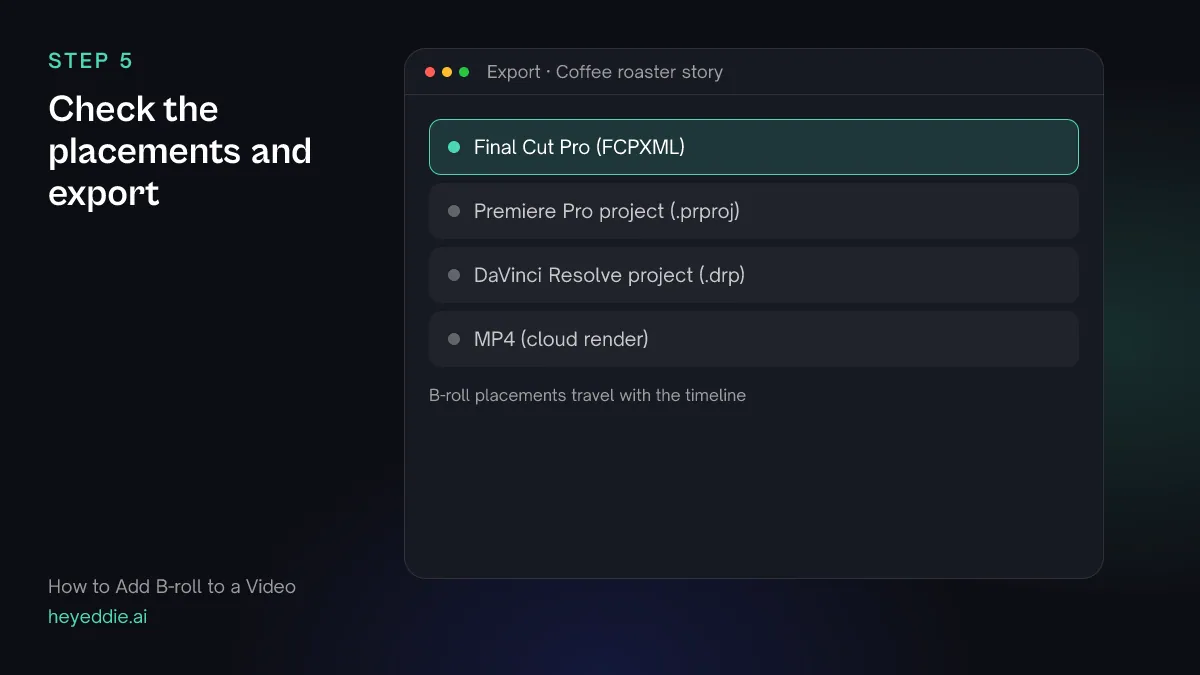 Eddie export menu with Final Cut Pro selected, plus Premiere Pro, DaVinci Resolve and MP4.