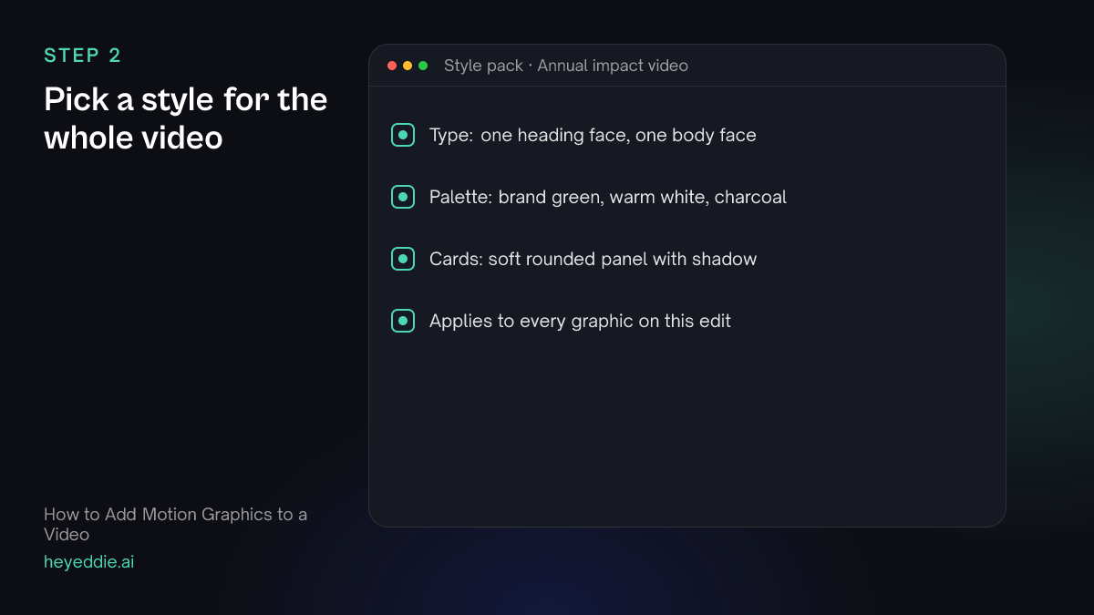 Style pack settings: a heading and body typeface, a brand palette and a card treatment applied to every graphic.