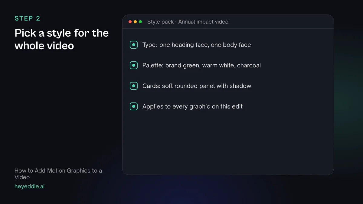 Style pack settings: a heading and body typeface, a brand palette and a card treatment applied to every graphic.