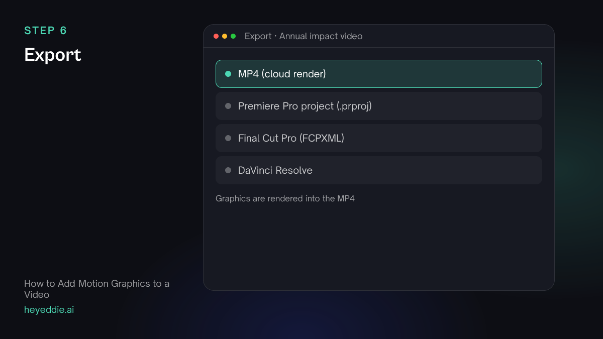 Eddie export menu with the MP4 cloud render selected for a video with motion graphics.