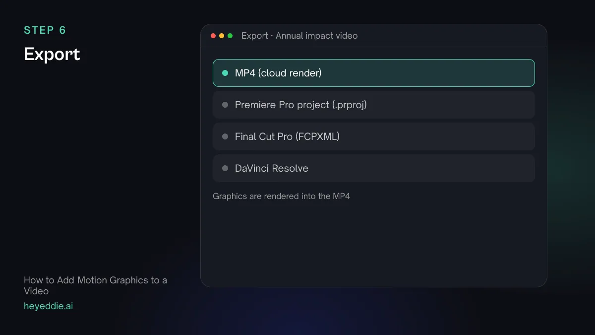 Eddie export menu with the MP4 cloud render selected for a video with motion graphics.