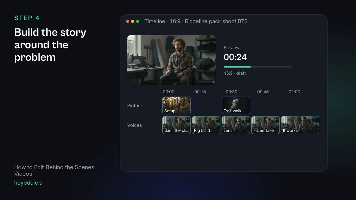 Timeline of a behind the scenes film: the director's plan, the crew building the rig, the producer, a failed take and the take that worked, with setup and trail footage over the interviews.