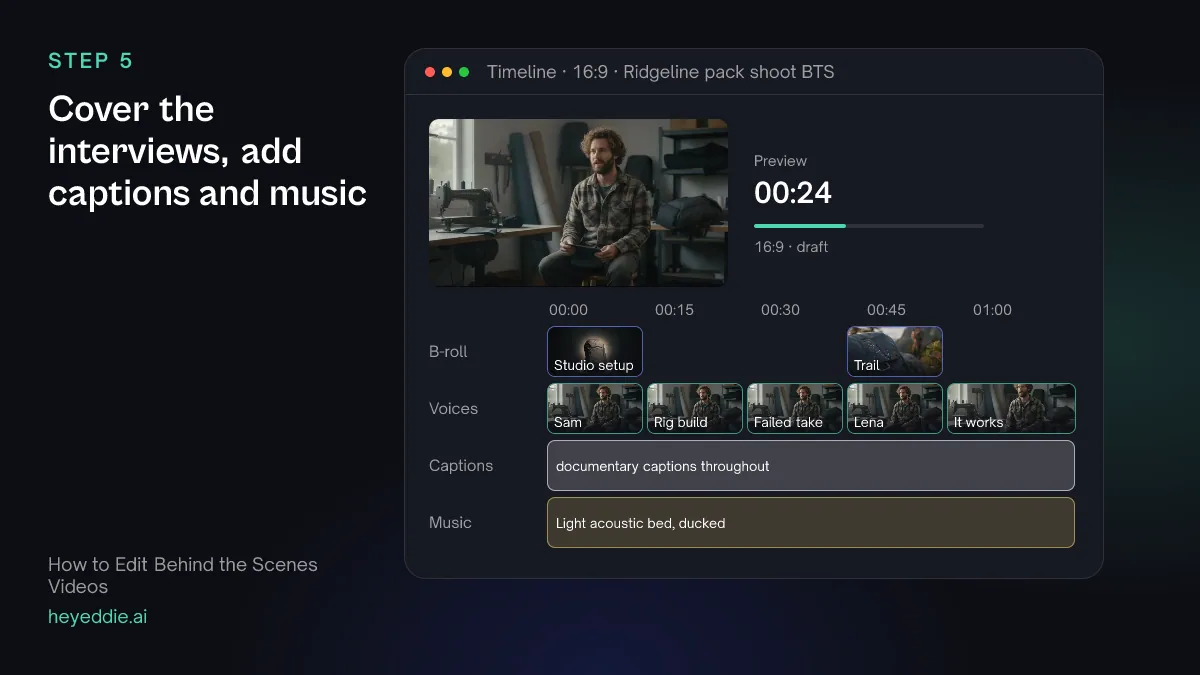 Timeline with studio and trail footage over the interviews, the set talk, documentary captions and a ducked acoustic music bed.
