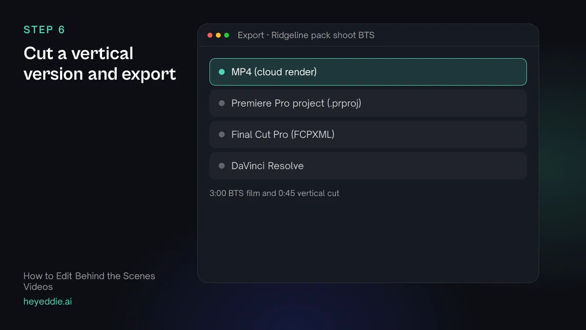 Eddie export menu with the MP4 cloud render selected for a behind the scenes film and a vertical cut.