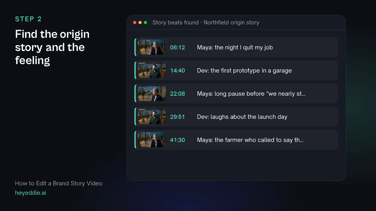 List of story beats with timestamps from two founder interviews, including a long pause and a laugh.