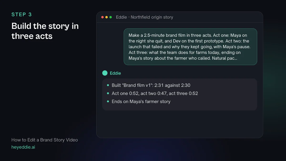 Chat with Eddie: the prompt describing a three-act brand film, and Eddie's reply with the total length and the length of each act.