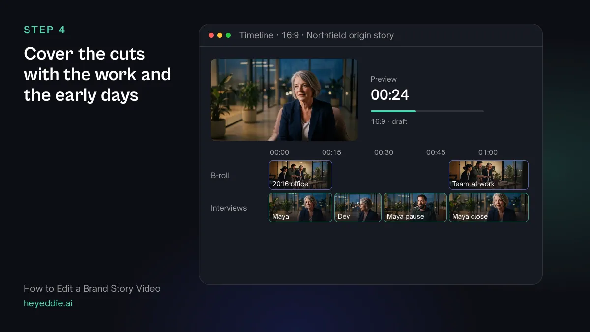 Timeline with early phone footage over the opening story, the founder's pause left on camera, and team b-roll over the final act.