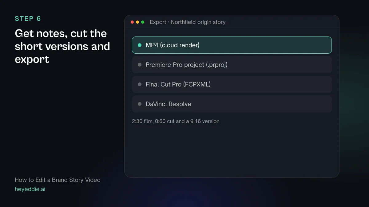 Eddie export menu with the MP4 cloud render selected for three versions of a brand film.