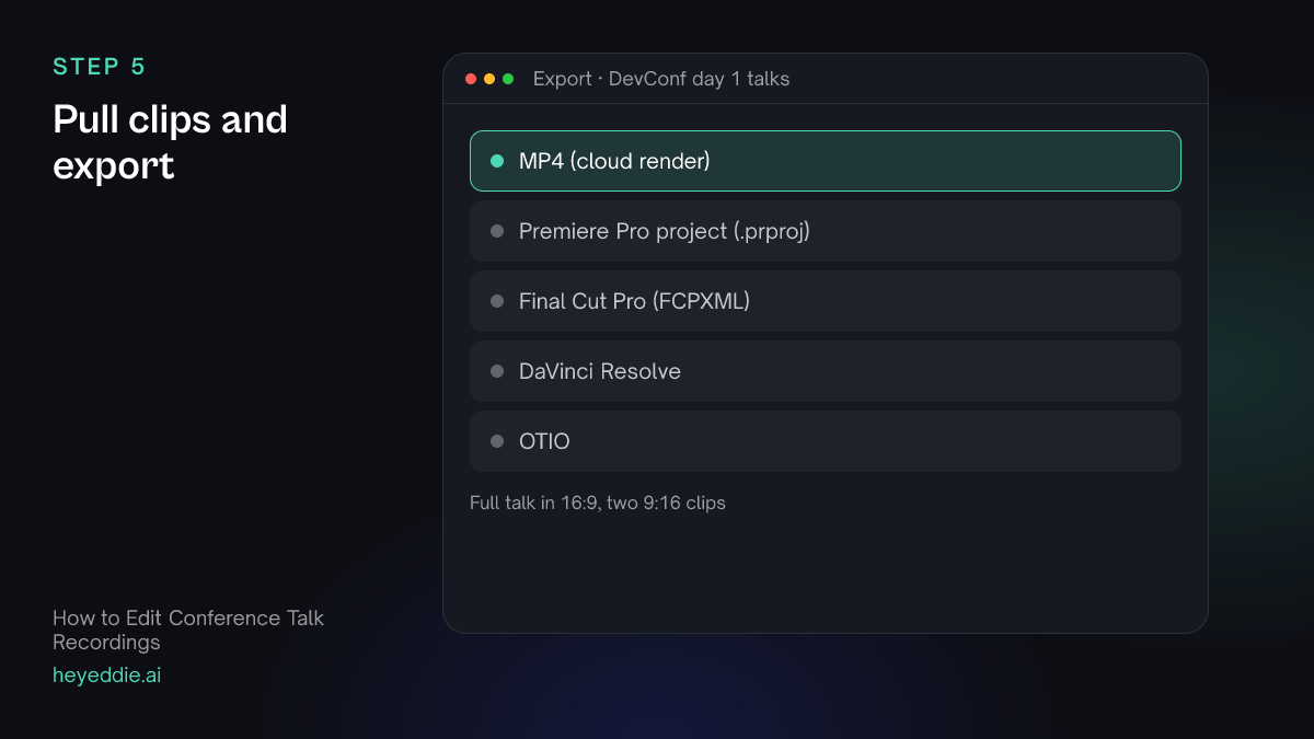 Eddie export menu with the MP4 cloud render selected, plus timeline formats.
