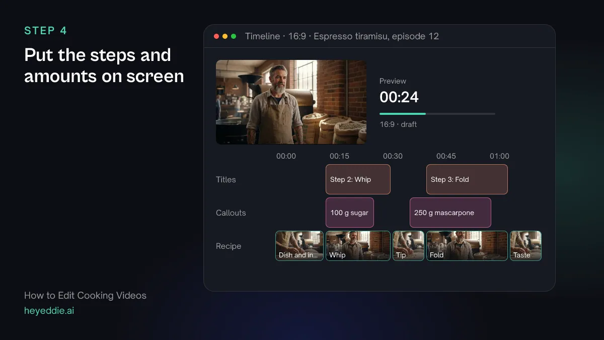 Timeline with a step title at the start of each step and ingredient amount callouts timed to the words, over the recipe footage.