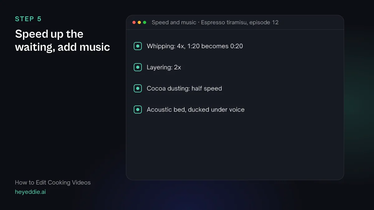 Checklist of speed changes, the whipping sped up four times, the layering doubled and the cocoa dusting slowed, plus a ducked music bed.