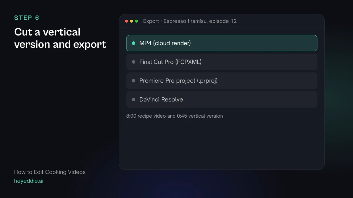 Eddie export menu with the MP4 cloud render selected for a full recipe video and a vertical version.