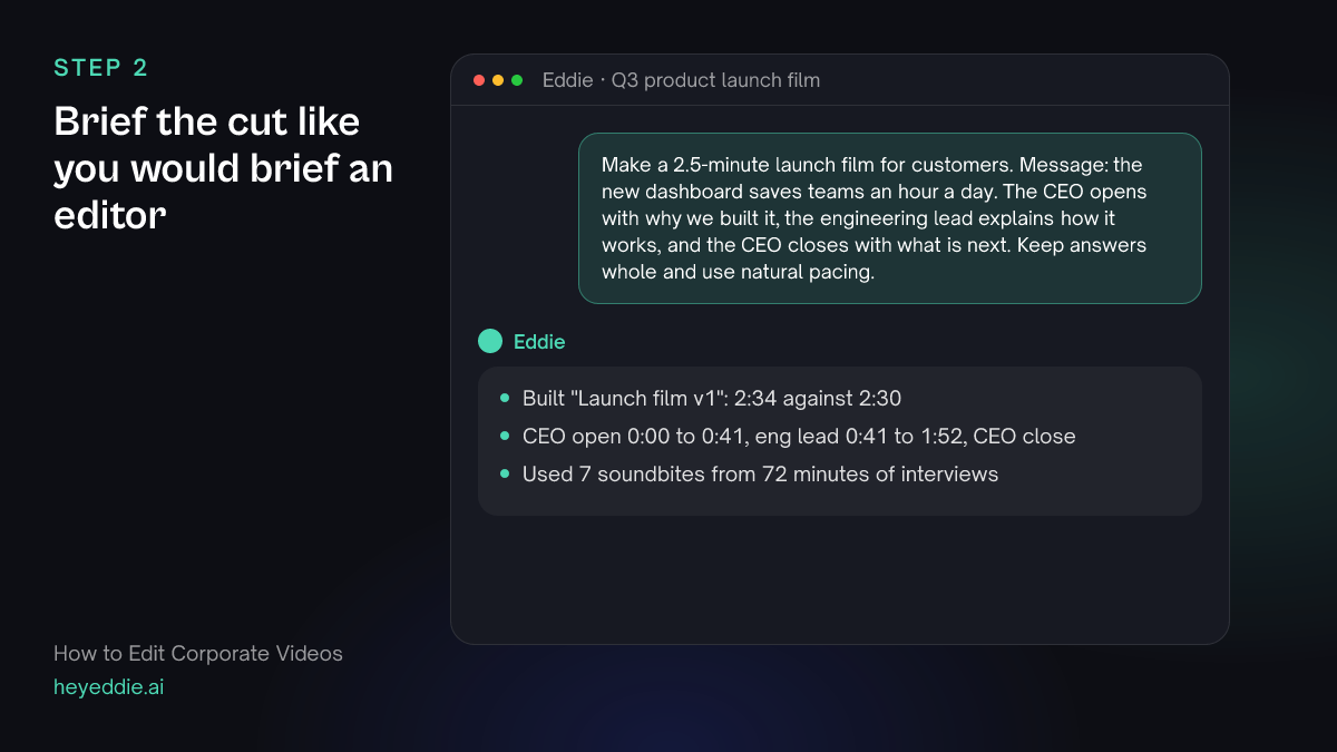 Chat with Eddie: the prompt briefing a 2.5-minute launch film, and Eddie's reply with the structure and length of the first cut.