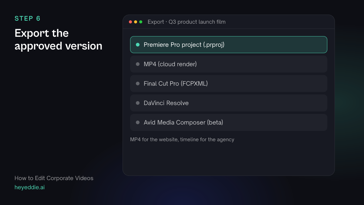 Eddie export menu with the Premiere Pro project selected, plus MP4, Final Cut Pro, DaVinci Resolve and Avid Media Composer in beta.