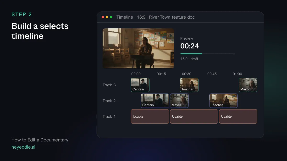 Selects timeline with three tracks: the strongest answers about the ferry on track 3, other strong answers on track 2 and usable material on track 1.
