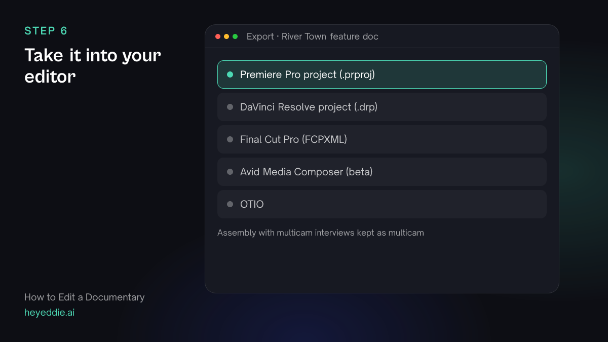 Eddie export menu with a Premiere Pro project selected, plus Resolve, Final Cut Pro, Avid Media Composer in beta, and OTIO.