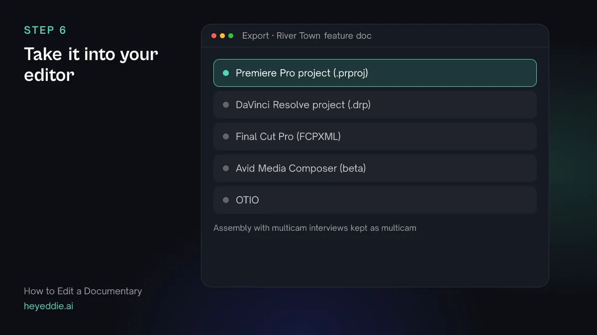 Eddie export menu with a Premiere Pro project selected, plus Resolve, Final Cut Pro, Avid Media Composer in beta, and OTIO.