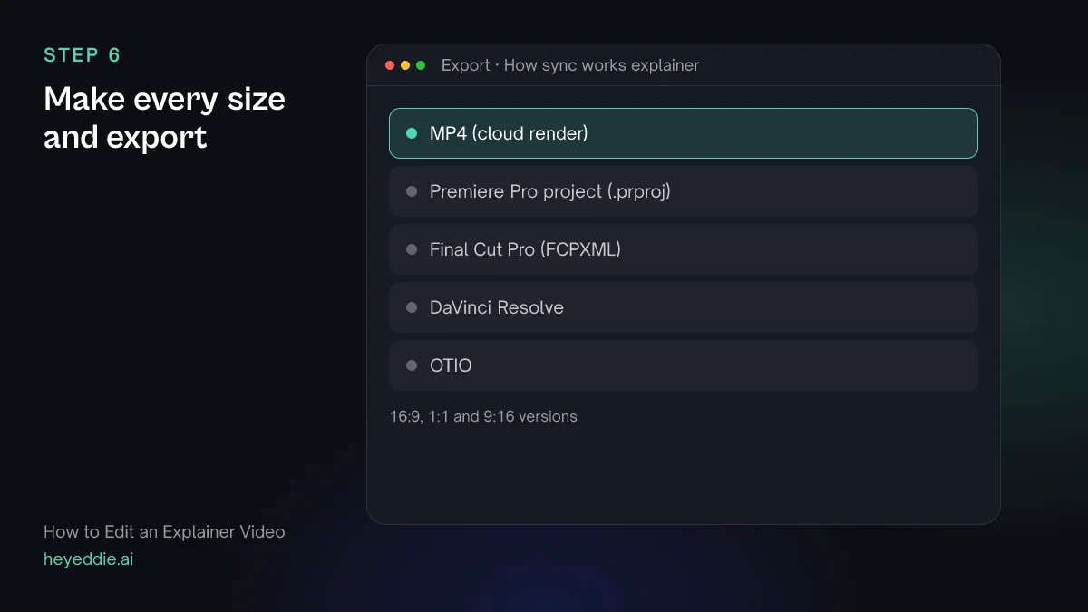 Eddie export menu with the MP4 cloud render selected for three sizes of the same explainer video.