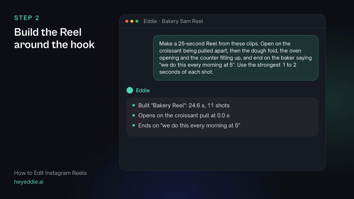 Chat with Eddie: the prompt asking for a 25-second Reel that opens on a croissant being pulled apart, and Eddie's reply with its length and first shot.