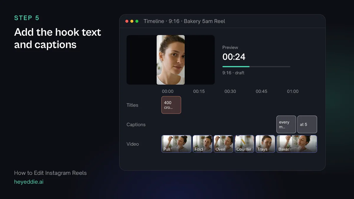 Vertical timeline with a hook title over the first two seconds, two-word caption cards on the baker's line and the shots underneath.