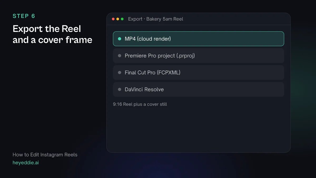 Eddie export menu with the MP4 cloud render selected for a vertical Reel, plus a cover still.