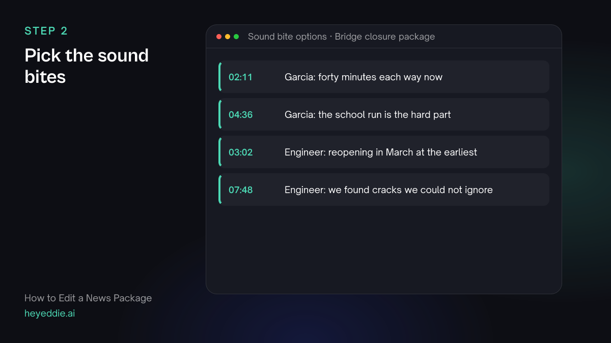 List of sound bite options with timestamps, two from a resident and two from a council engineer.