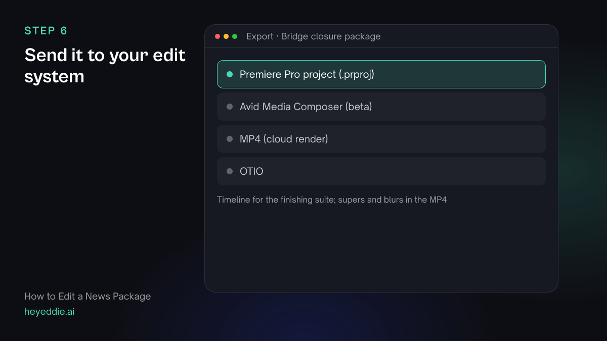 Eddie export menu with a Premiere Pro project selected, plus Avid Media Composer in beta, MP4 and OTIO.