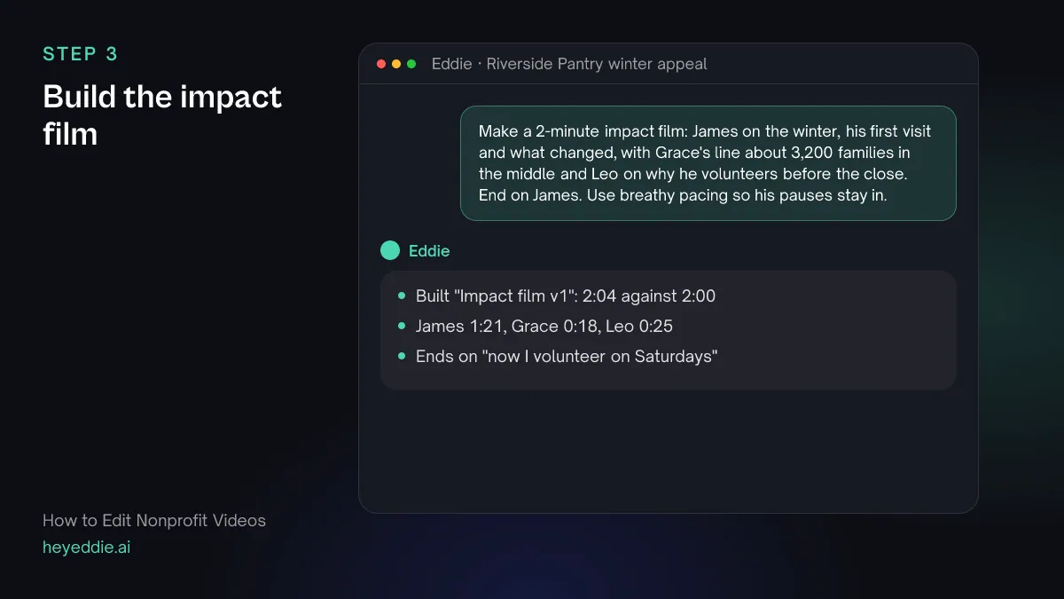 Chat with Eddie: the prompt describing a two-minute impact film, and Eddie's reply with the length and how much each speaker is in it.