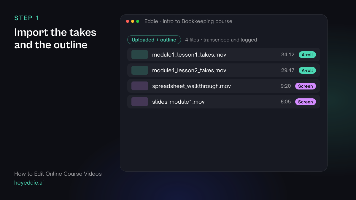Eddie project with synthetic course files: two lesson recordings with several takes, a spreadsheet screen recording and slides.