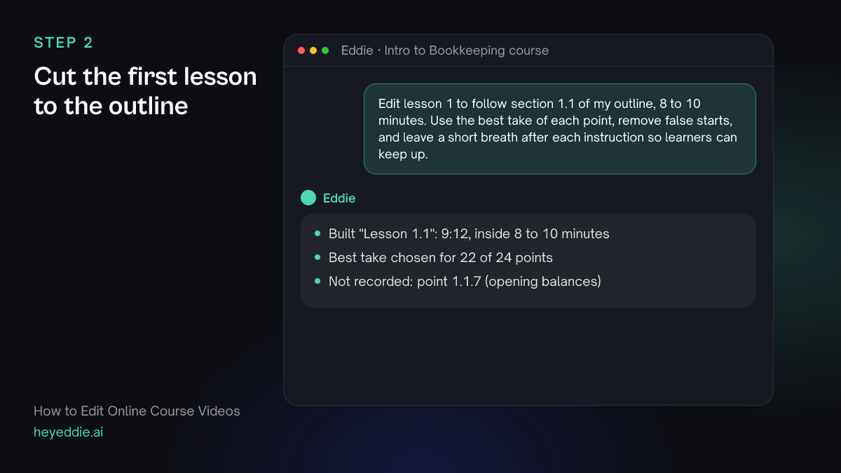 Chat with Eddie: the prompt asking for lesson 1 to follow the outline, and Eddie's reply with the lesson length and one outline point that was not recorded.