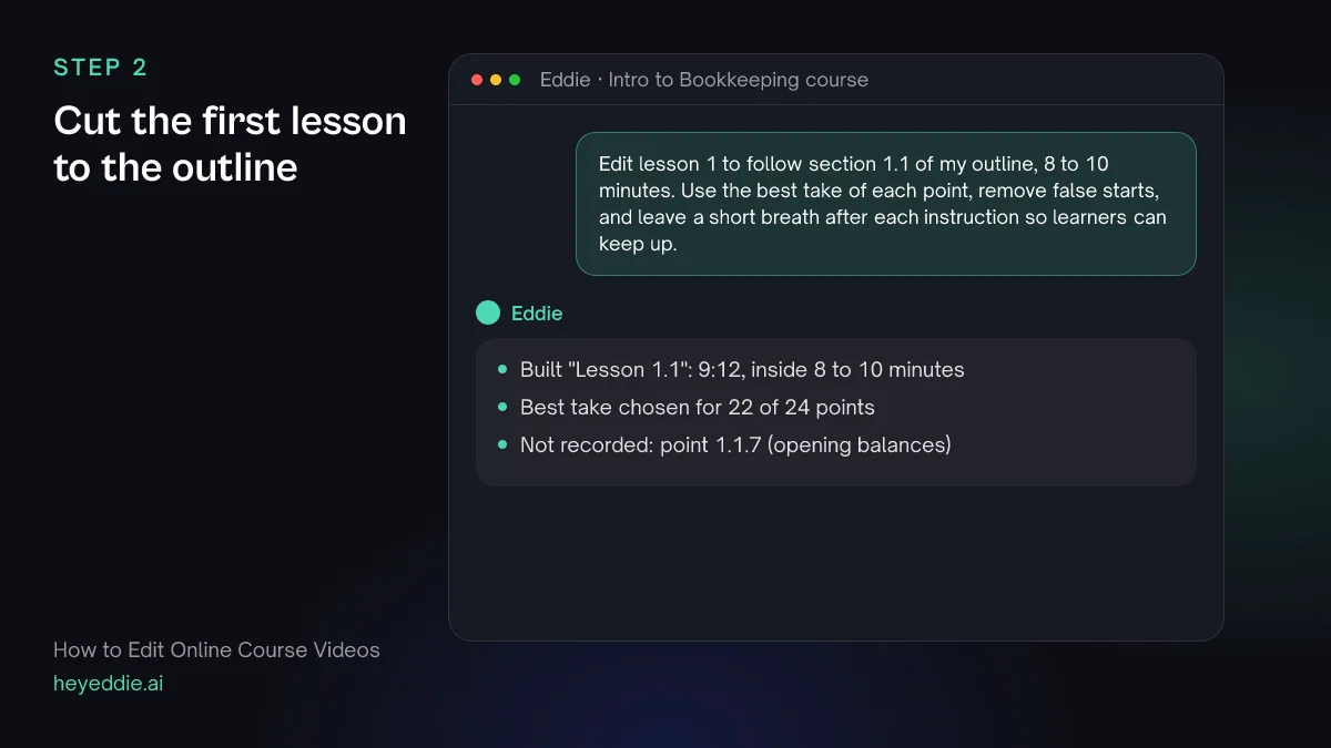 Chat with Eddie: the prompt asking for lesson 1 to follow the outline, and Eddie's reply with the lesson length and one outline point that was not recorded.