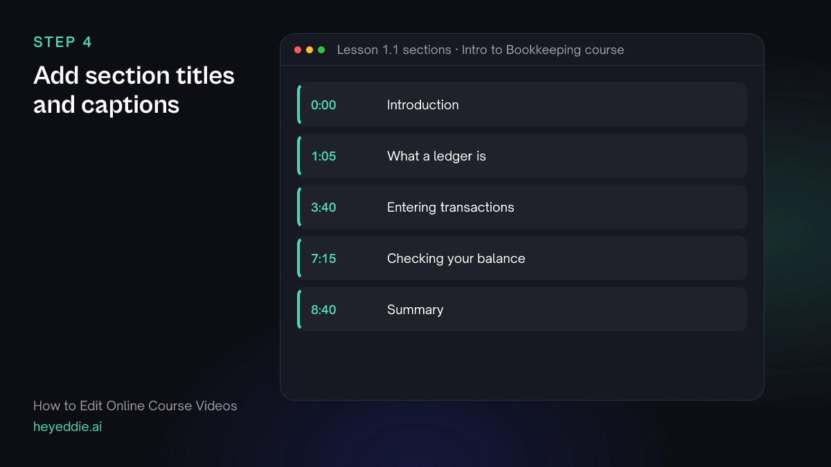 List of section titles in a lesson with timestamps, from the introduction to the summary.