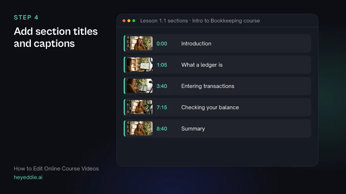List of section titles in a lesson with timestamps, from the introduction to the summary.