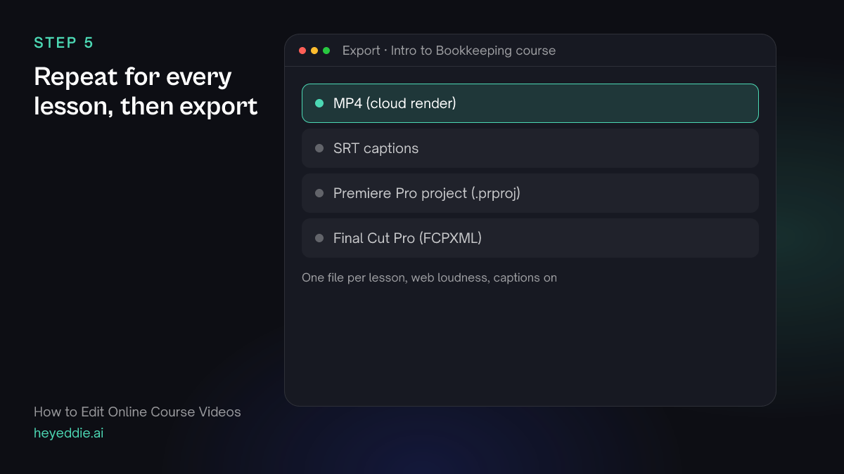 Eddie export menu with the MP4 cloud render selected, plus SRT captions and timeline formats.