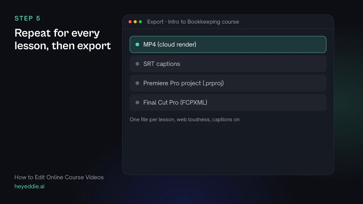 Eddie export menu with the MP4 cloud render selected, plus SRT captions and timeline formats.