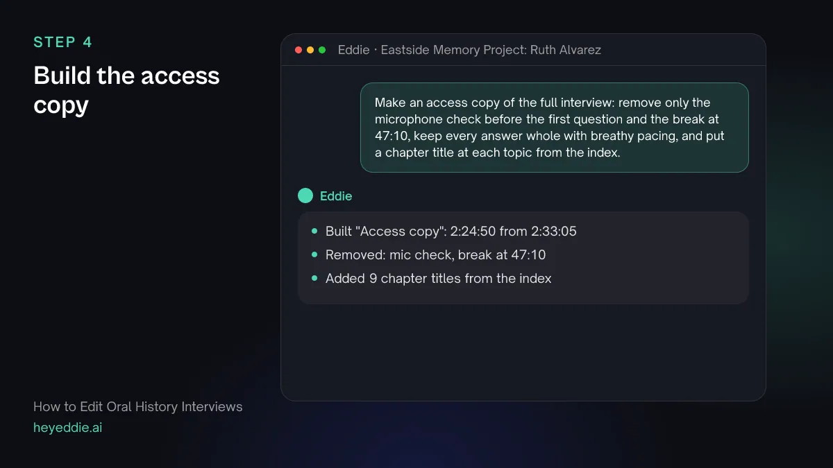 Chat with Eddie: the prompt asking for a chaptered access copy, and Eddie's reply that it removed only the mic check and a break.