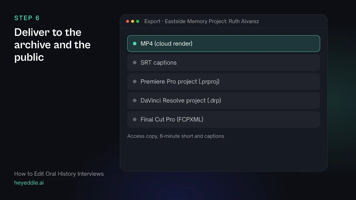 Eddie export menu with the MP4 cloud render selected, plus SRT captions and project formats for Premiere Pro, Resolve and Final Cut Pro.