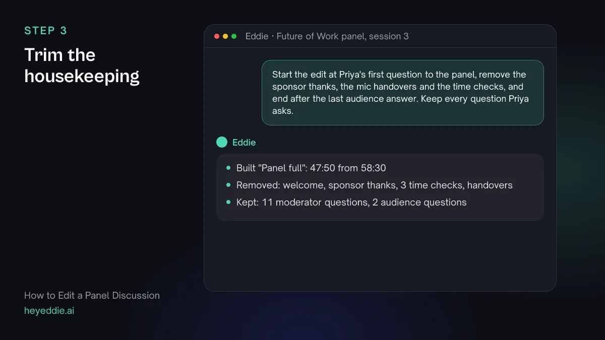 Chat with Eddie: the prompt asking it to trim the panel's housekeeping, and Eddie's reply with the new length and the questions it kept.