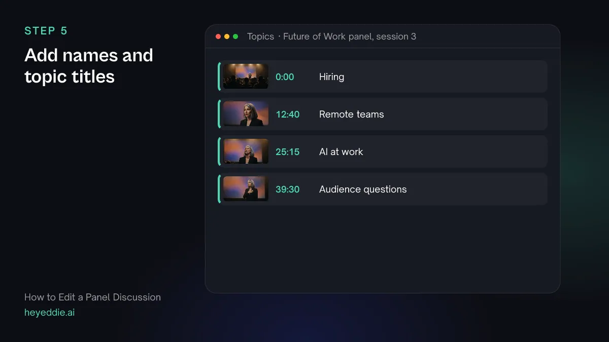 List of four panel topics with timestamps, from hiring to audience questions.