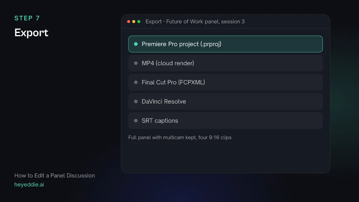 Eddie export menu with a Premiere Pro project selected, plus an MP4 cloud render, Final Cut Pro, DaVinci Resolve and SRT captions.