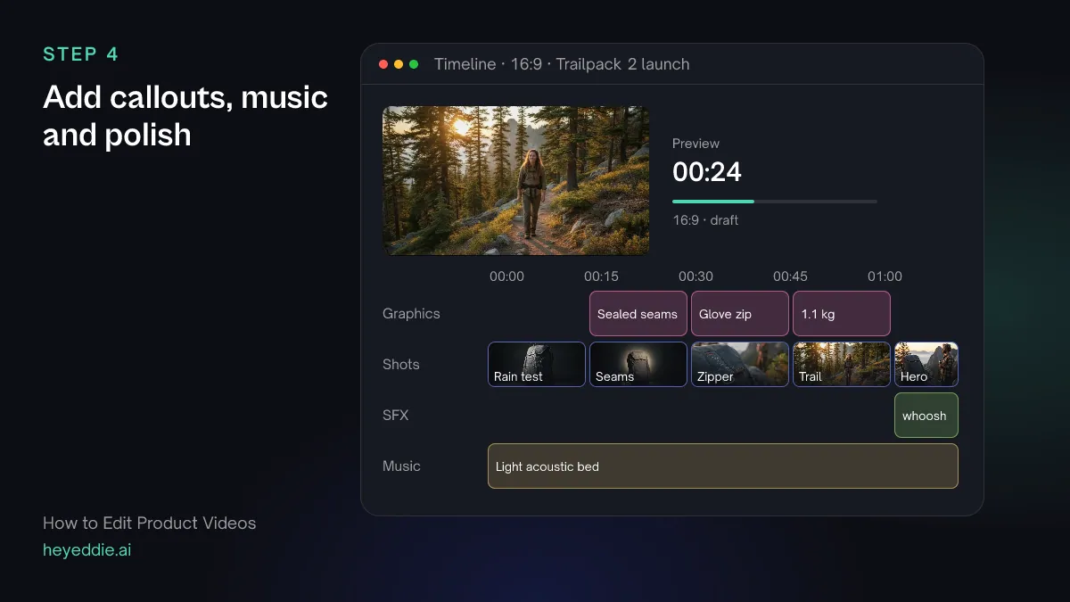 Timeline with feature callout graphics over the shots, a whoosh sound effect at the cut to the hero shot, and a light music bed.