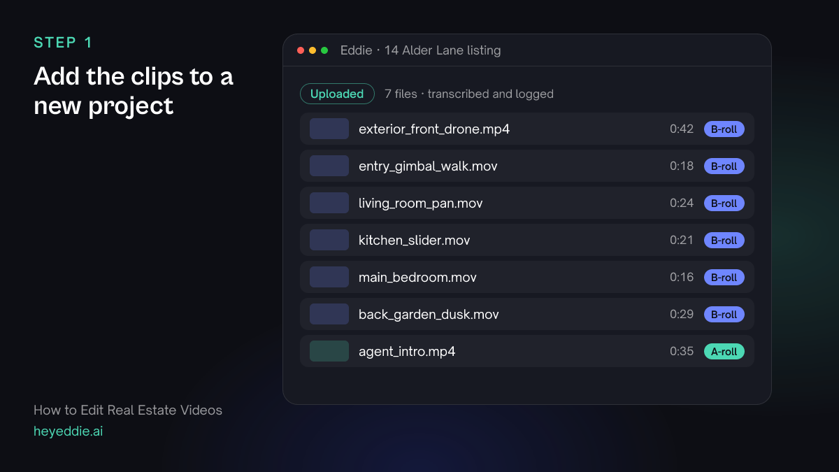 Eddie project panel listing seven synthetic property clips, such as a front drone shot and a kitchen slider move, each tagged as A-roll or B-roll.