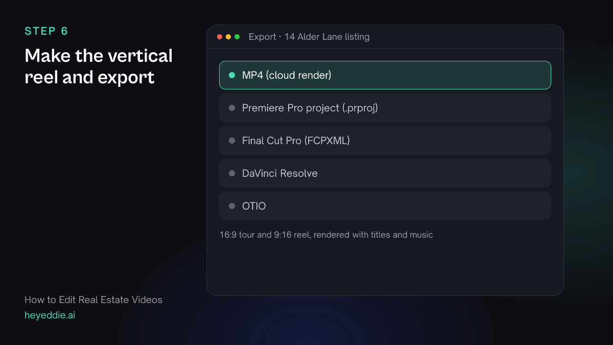 Eddie export menu with MP4 selected, and Premiere Pro, Final Cut Pro, DaVinci Resolve and OTIO listed below it.