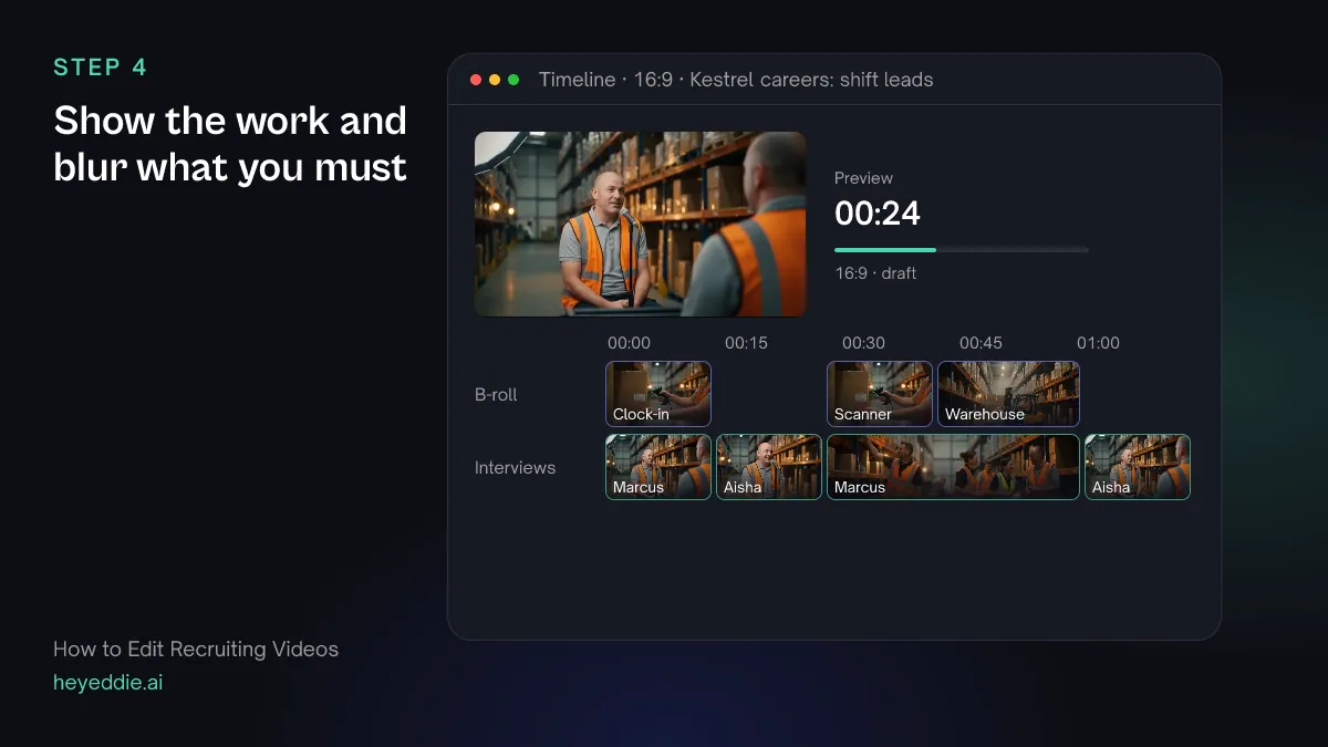 Timeline with phone footage of the working day and scanner close-ups over the interview answers.