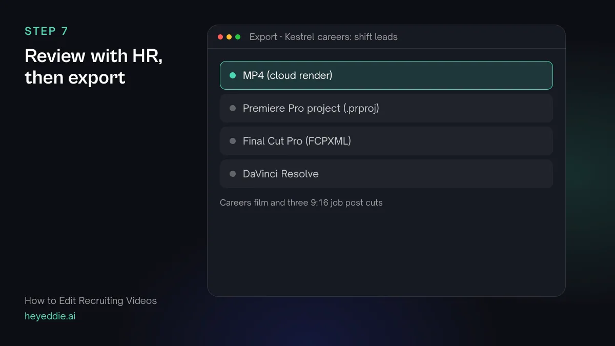 Eddie export menu with the MP4 cloud render selected for a careers film and three vertical job post cuts.