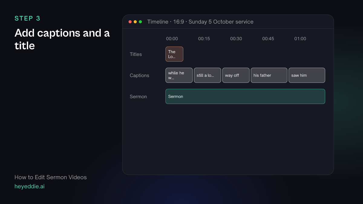 Timeline with a series title at the start, minimal captions throughout and the sermon edit underneath.
