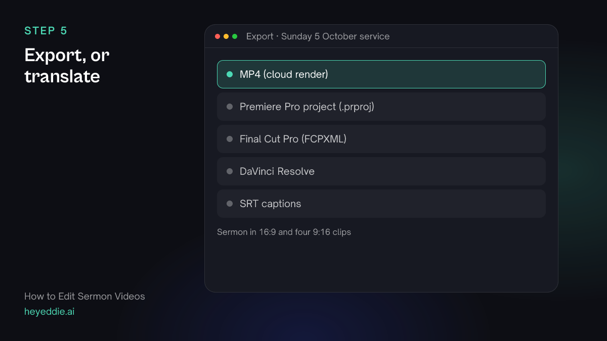 Eddie export menu with the MP4 cloud render selected, plus timeline formats and SRT captions.